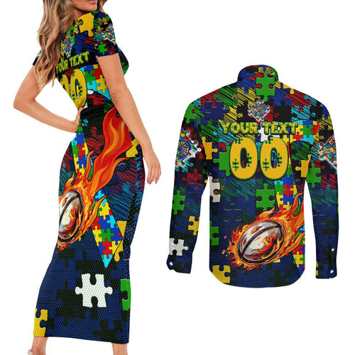 Eels Autism Awareness Couples Matching Short Sleeve Bodycon Dress and Long Sleeve Button Shirt Puzzle Flames Rugby Ball