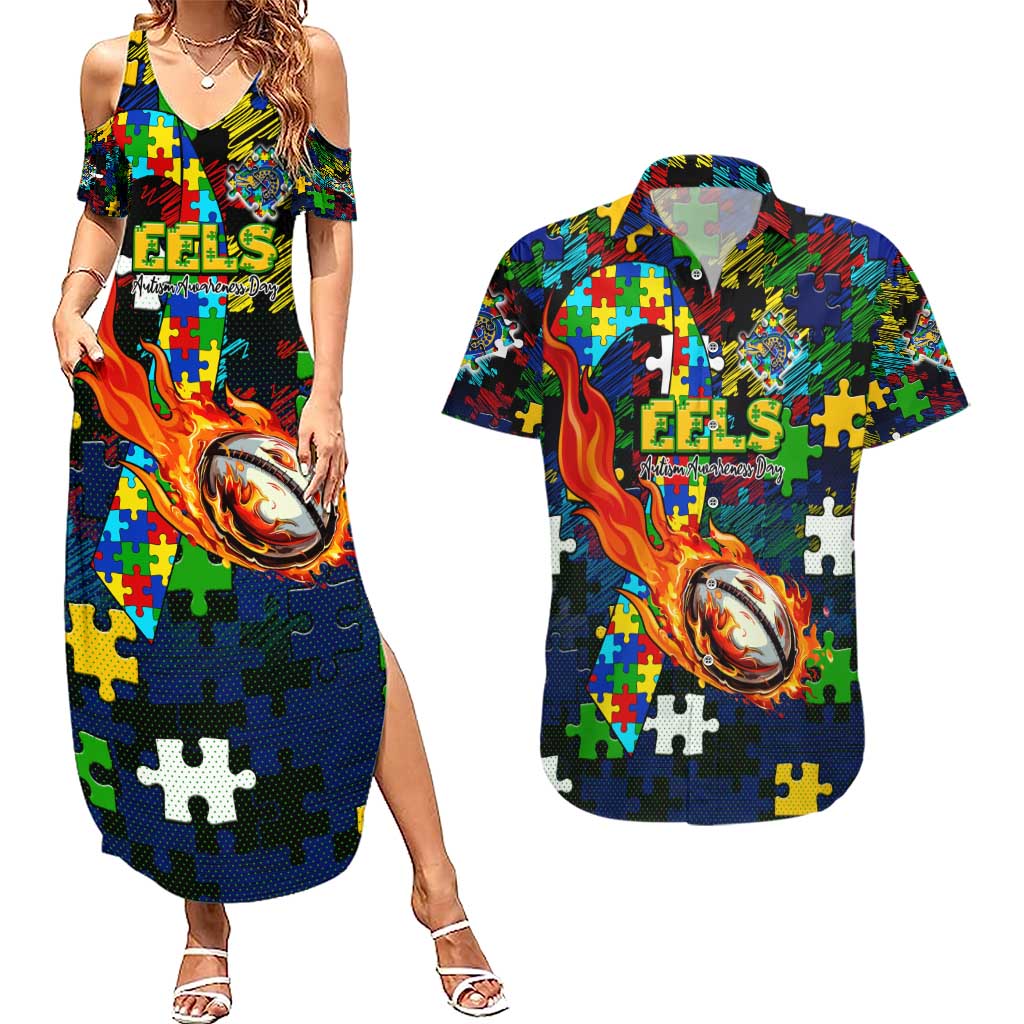 Eels Autism Awareness Couples Matching Summer Maxi Dress and Hawaiian Shirt Puzzle Flames Rugby Ball