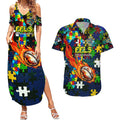 Eels Autism Awareness Couples Matching Summer Maxi Dress and Hawaiian Shirt Puzzle Flames Rugby Ball