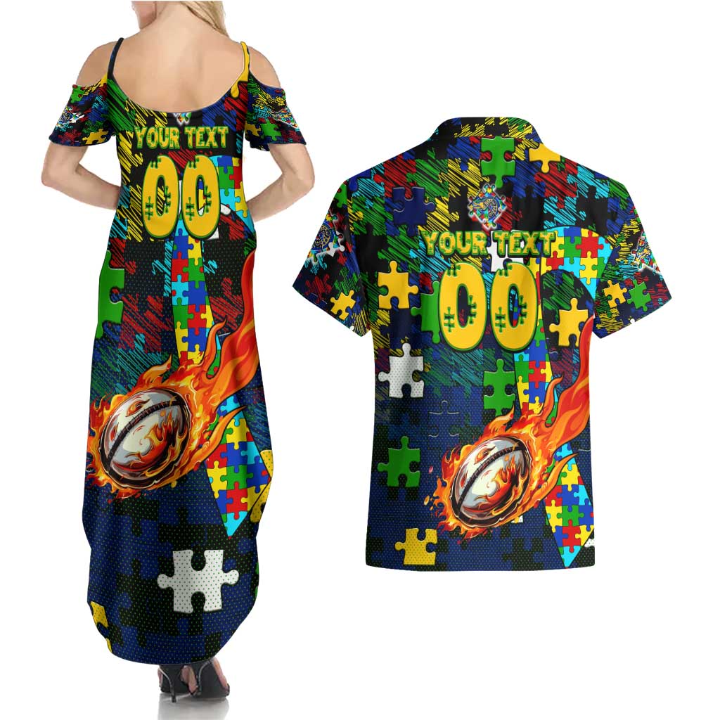 Eels Autism Awareness Couples Matching Summer Maxi Dress and Hawaiian Shirt Puzzle Flames Rugby Ball