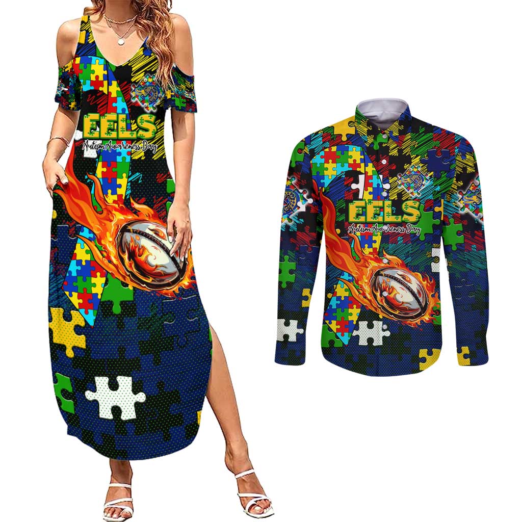Eels Autism Awareness Couples Matching Summer Maxi Dress and Long Sleeve Button Shirt Puzzle Flames Rugby Ball