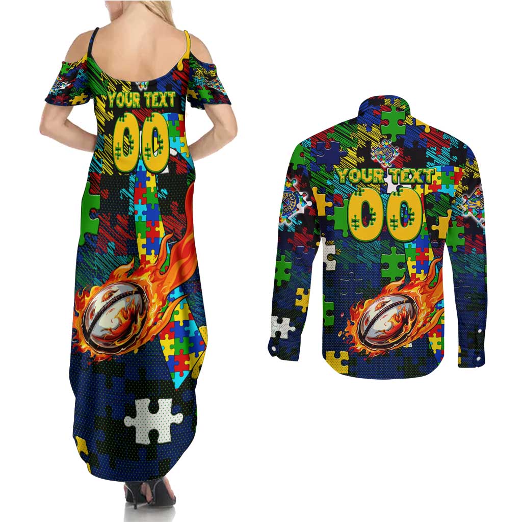 Eels Autism Awareness Couples Matching Summer Maxi Dress and Long Sleeve Button Shirt Puzzle Flames Rugby Ball