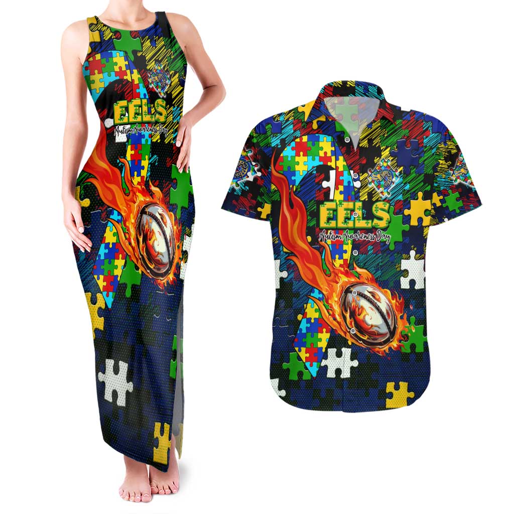 Eels Autism Awareness Couples Matching Tank Maxi Dress and Hawaiian Shirt Puzzle Flames Rugby Ball