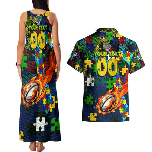 Eels Autism Awareness Couples Matching Tank Maxi Dress and Hawaiian Shirt Puzzle Flames Rugby Ball