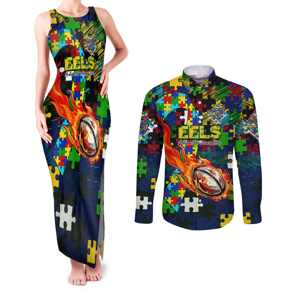Eels Autism Awareness Couples Matching Tank Maxi Dress and Long Sleeve Button Shirt Puzzle Flames Rugby Ball