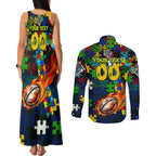 Eels Autism Awareness Couples Matching Tank Maxi Dress and Long Sleeve Button Shirt Puzzle Flames Rugby Ball