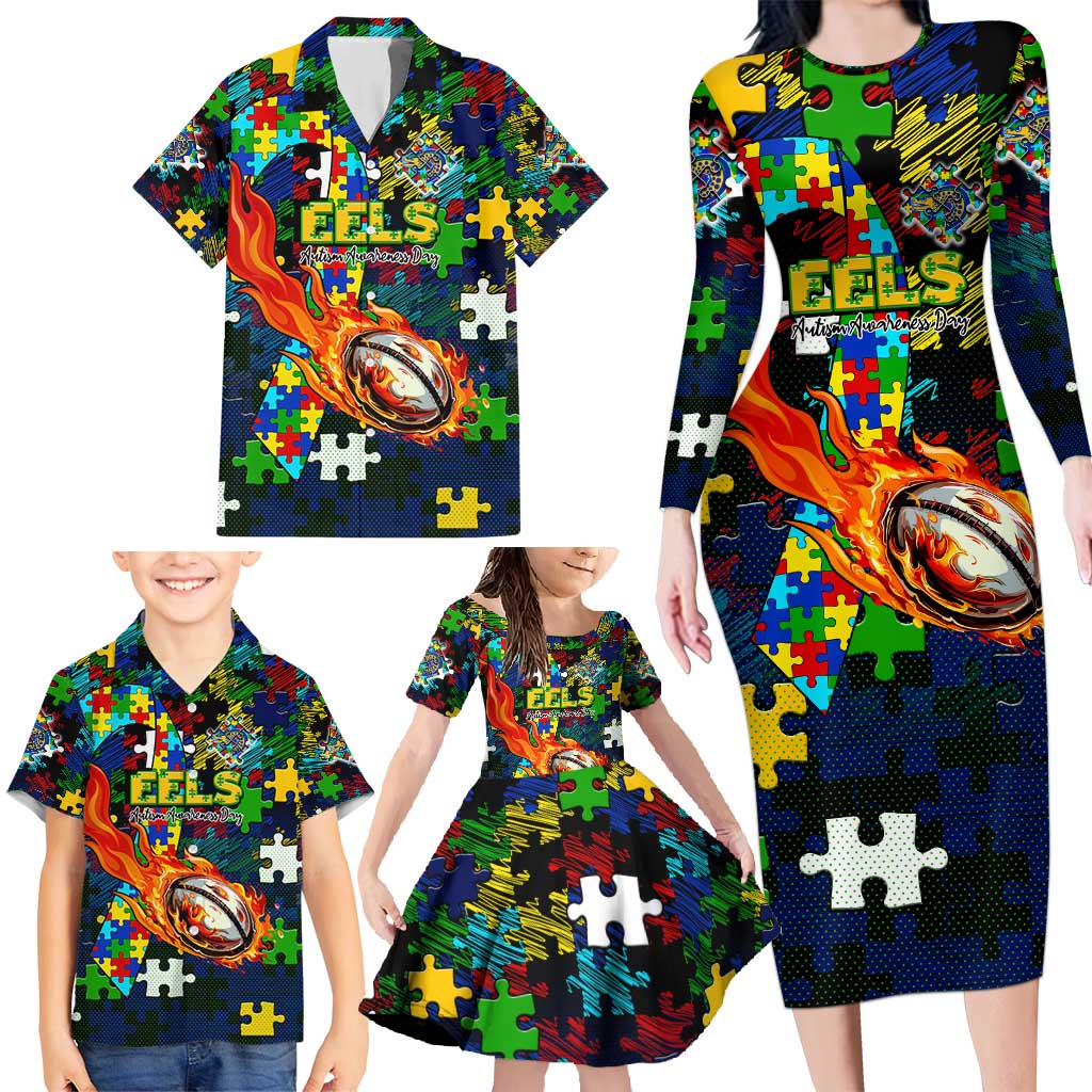 Eels Autism Awareness Family Matching Long Sleeve Bodycon Dress and Hawaiian Shirt Puzzle Flames Rugby Ball
