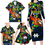 Eels Autism Awareness Family Matching Long Sleeve Bodycon Dress and Hawaiian Shirt Puzzle Flames Rugby Ball