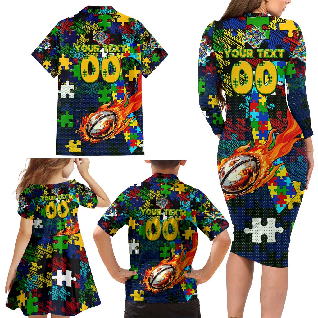 Eels Autism Awareness Family Matching Long Sleeve Bodycon Dress and Hawaiian Shirt Puzzle Flames Rugby Ball