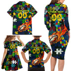 Eels Autism Awareness Family Matching Long Sleeve Bodycon Dress and Hawaiian Shirt Puzzle Flames Rugby Ball