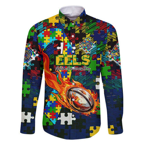 Eels Autism Awareness Family Matching Long Sleeve Bodycon Dress and Hawaiian Shirt Puzzle Flames Rugby Ball