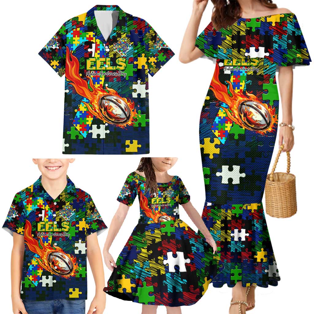 Eels Autism Awareness Family Matching Mermaid Dress and Hawaiian Shirt Puzzle Flames Rugby Ball