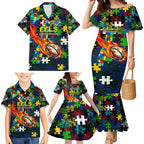 Eels Autism Awareness Family Matching Mermaid Dress and Hawaiian Shirt Puzzle Flames Rugby Ball