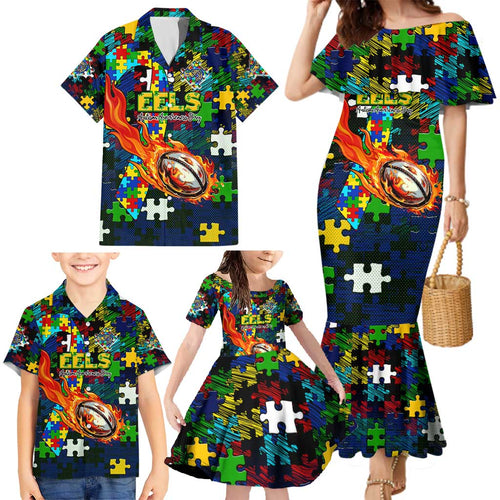 Eels Autism Awareness Family Matching Mermaid Dress and Hawaiian Shirt Puzzle Flames Rugby Ball