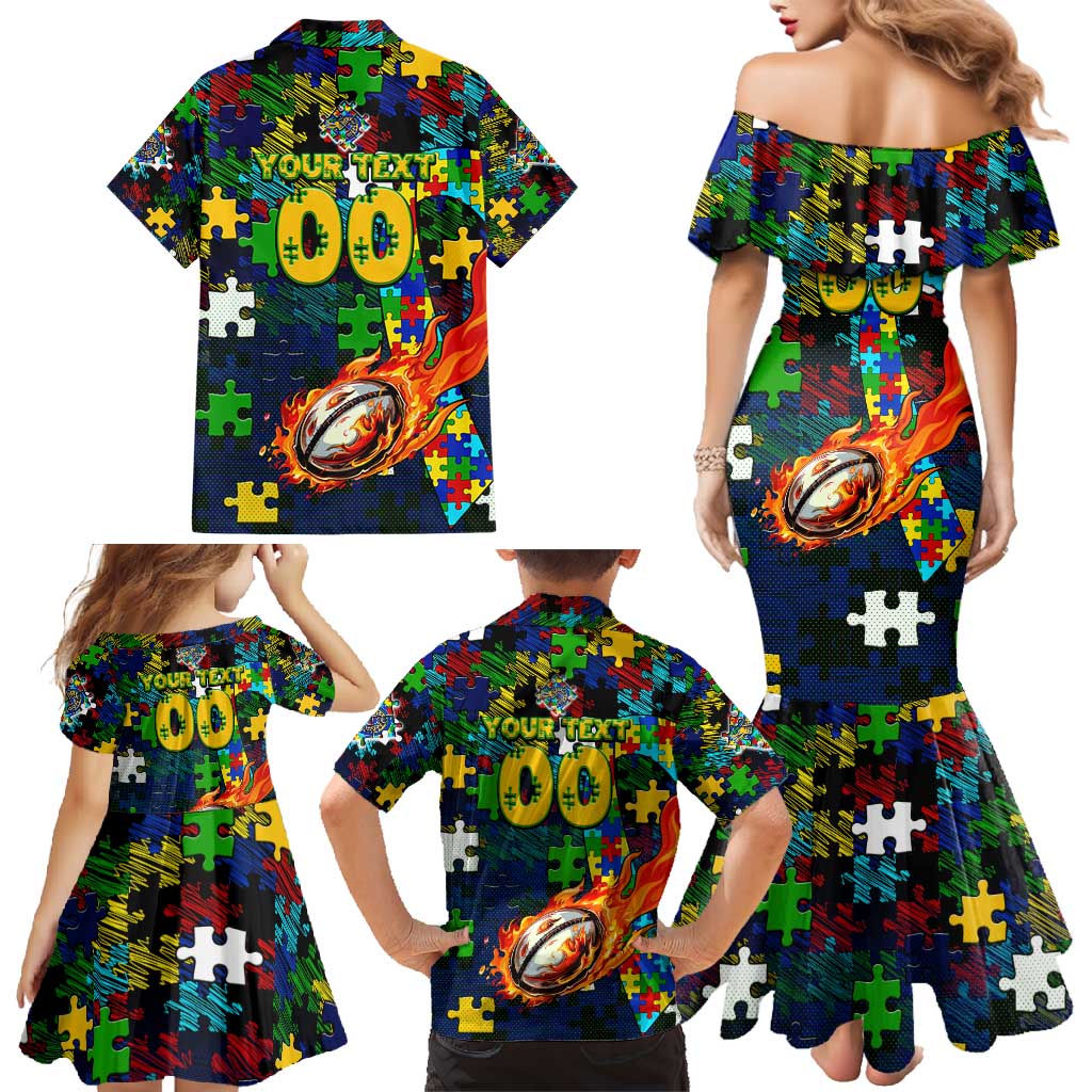 Eels Autism Awareness Family Matching Mermaid Dress and Hawaiian Shirt Puzzle Flames Rugby Ball