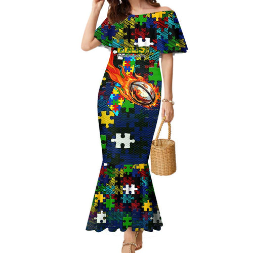 Eels Autism Awareness Family Matching Mermaid Dress and Hawaiian Shirt Puzzle Flames Rugby Ball