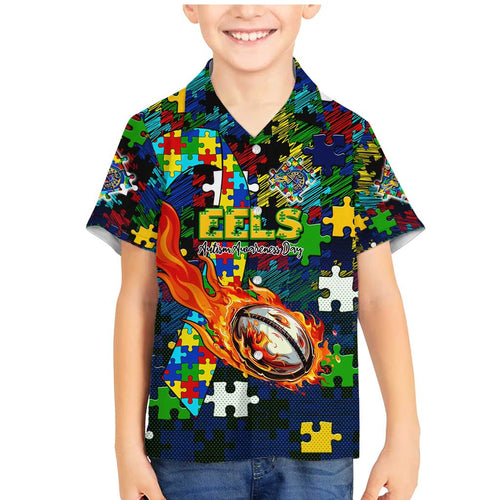 Eels Autism Awareness Family Matching Mermaid Dress and Hawaiian Shirt Puzzle Flames Rugby Ball