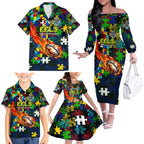 Eels Autism Awareness Family Matching Off The Shoulder Long Sleeve Dress and Hawaiian Shirt Puzzle Flames Rugby Ball