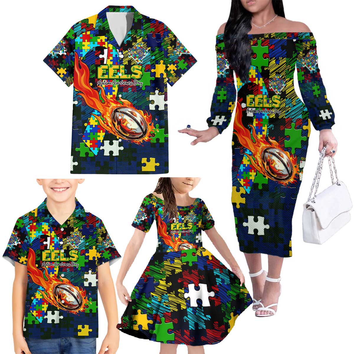Eels Autism Awareness Family Matching Off The Shoulder Long Sleeve Dress and Hawaiian Shirt Puzzle Flames Rugby Ball