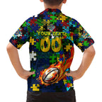 Eels Autism Awareness Family Matching Off The Shoulder Long Sleeve Dress and Hawaiian Shirt Puzzle Flames Rugby Ball