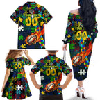 Eels Autism Awareness Family Matching Off The Shoulder Long Sleeve Dress and Hawaiian Shirt Puzzle Flames Rugby Ball