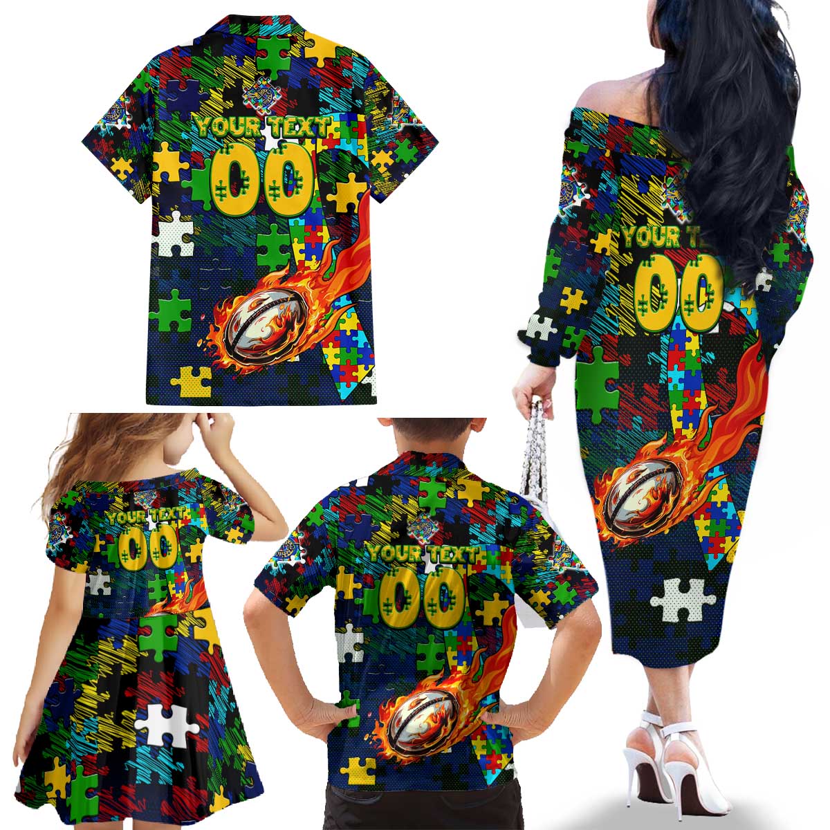 Eels Autism Awareness Family Matching Off The Shoulder Long Sleeve Dress and Hawaiian Shirt Puzzle Flames Rugby Ball