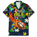 Eels Autism Awareness Family Matching Off The Shoulder Long Sleeve Dress and Hawaiian Shirt Puzzle Flames Rugby Ball