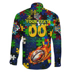 Eels Autism Awareness Family Matching Off The Shoulder Long Sleeve Dress and Hawaiian Shirt Puzzle Flames Rugby Ball