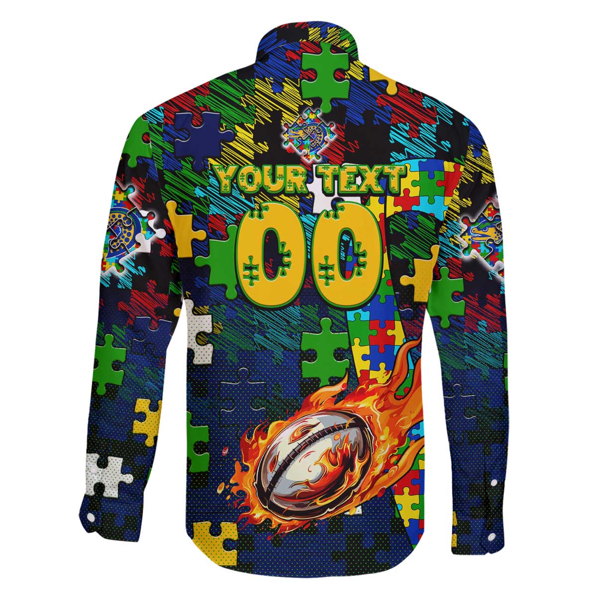 Eels Autism Awareness Family Matching Off The Shoulder Long Sleeve Dress and Hawaiian Shirt Puzzle Flames Rugby Ball