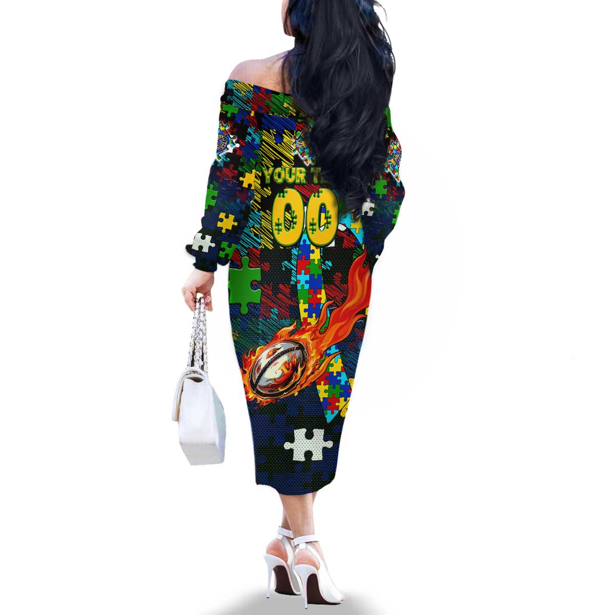 Eels Autism Awareness Family Matching Off The Shoulder Long Sleeve Dress and Hawaiian Shirt Puzzle Flames Rugby Ball