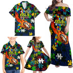 Eels Autism Awareness Family Matching Off Shoulder Maxi Dress and Hawaiian Shirt Puzzle Flames Rugby Ball