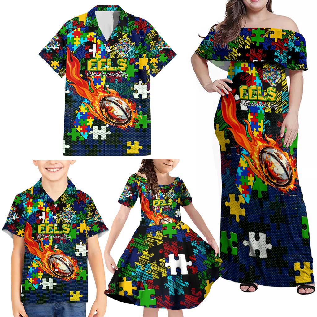 Eels Autism Awareness Family Matching Off Shoulder Maxi Dress and Hawaiian Shirt Puzzle Flames Rugby Ball