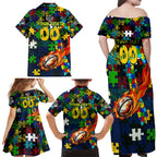 Eels Autism Awareness Family Matching Off Shoulder Maxi Dress and Hawaiian Shirt Puzzle Flames Rugby Ball