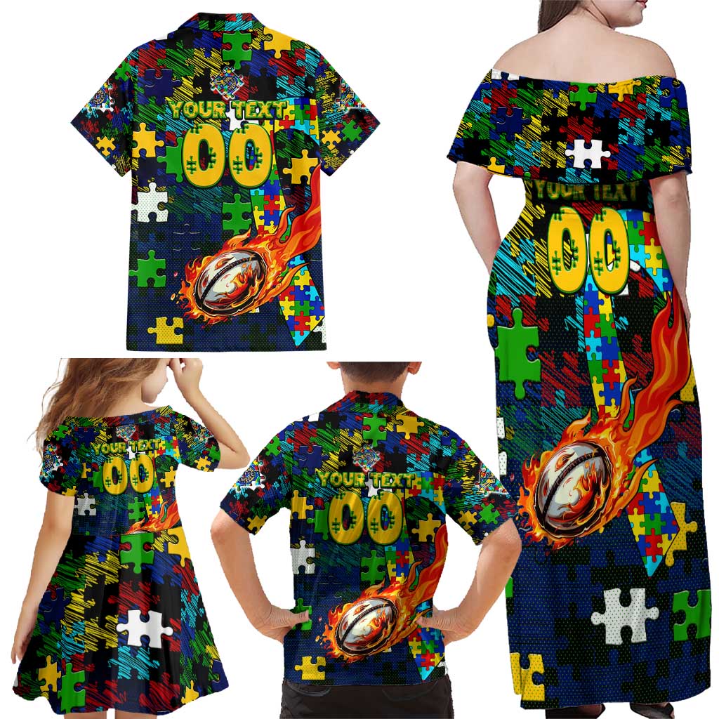 Eels Autism Awareness Family Matching Off Shoulder Maxi Dress and Hawaiian Shirt Puzzle Flames Rugby Ball