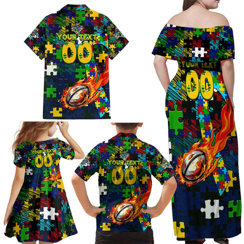 Eels Autism Awareness Family Matching Off Shoulder Maxi Dress and Hawaiian Shirt Puzzle Flames Rugby Ball