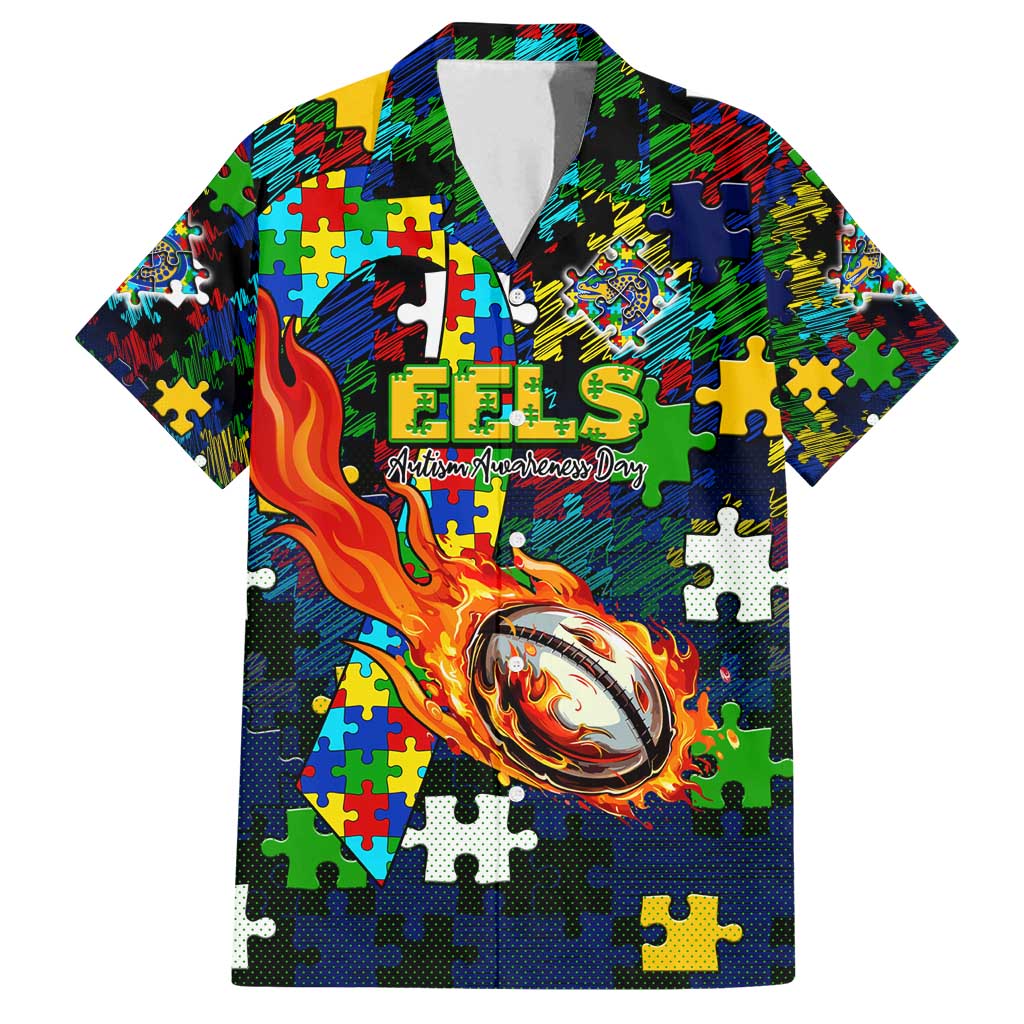 Eels Autism Awareness Family Matching Off Shoulder Maxi Dress and Hawaiian Shirt Puzzle Flames Rugby Ball