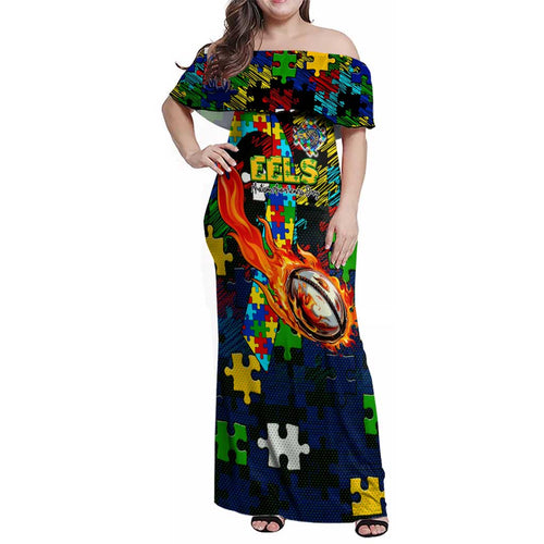 Eels Autism Awareness Family Matching Off Shoulder Maxi Dress and Hawaiian Shirt Puzzle Flames Rugby Ball