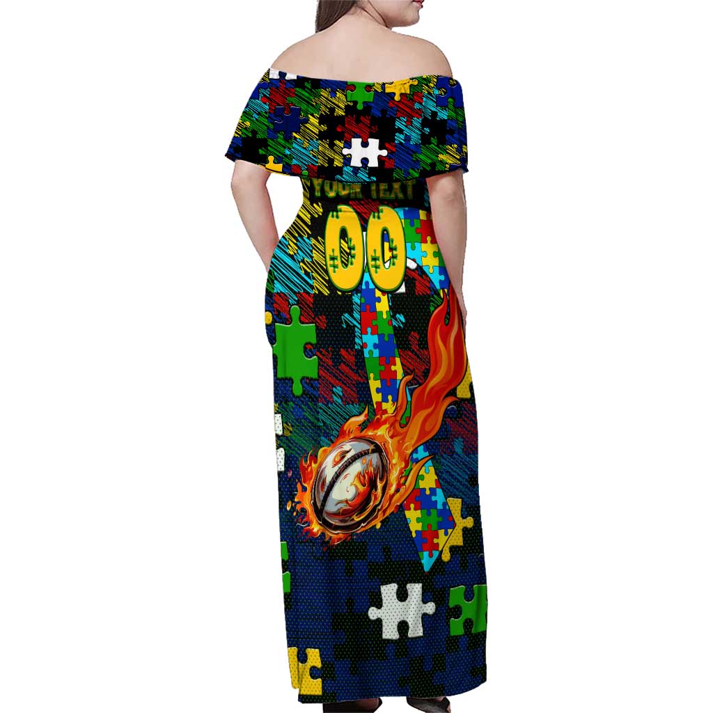 Eels Autism Awareness Family Matching Off Shoulder Maxi Dress and Hawaiian Shirt Puzzle Flames Rugby Ball