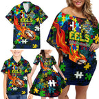 Eels Autism Awareness Family Matching Off Shoulder Short Dress and Hawaiian Shirt Puzzle Flames Rugby Ball
