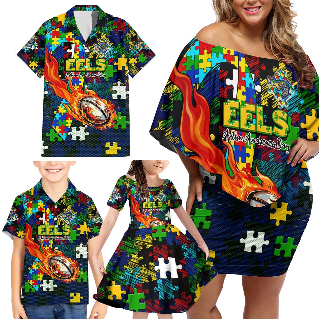 Eels Autism Awareness Family Matching Off Shoulder Short Dress and Hawaiian Shirt Puzzle Flames Rugby Ball