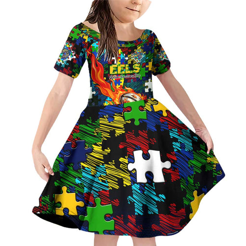 Eels Autism Awareness Family Matching Off Shoulder Short Dress and Hawaiian Shirt Puzzle Flames Rugby Ball