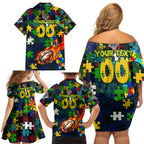 Eels Autism Awareness Family Matching Off Shoulder Short Dress and Hawaiian Shirt Puzzle Flames Rugby Ball