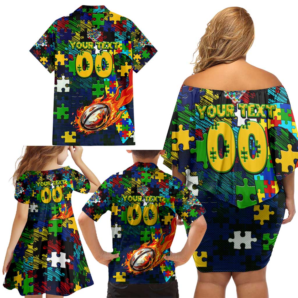 Eels Autism Awareness Family Matching Off Shoulder Short Dress and Hawaiian Shirt Puzzle Flames Rugby Ball