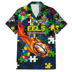 Eels Autism Awareness Family Matching Off Shoulder Short Dress and Hawaiian Shirt Puzzle Flames Rugby Ball