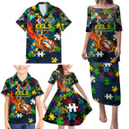 Eels Autism Awareness Family Matching Puletasi and Hawaiian Shirt Puzzle Flames Rugby Ball