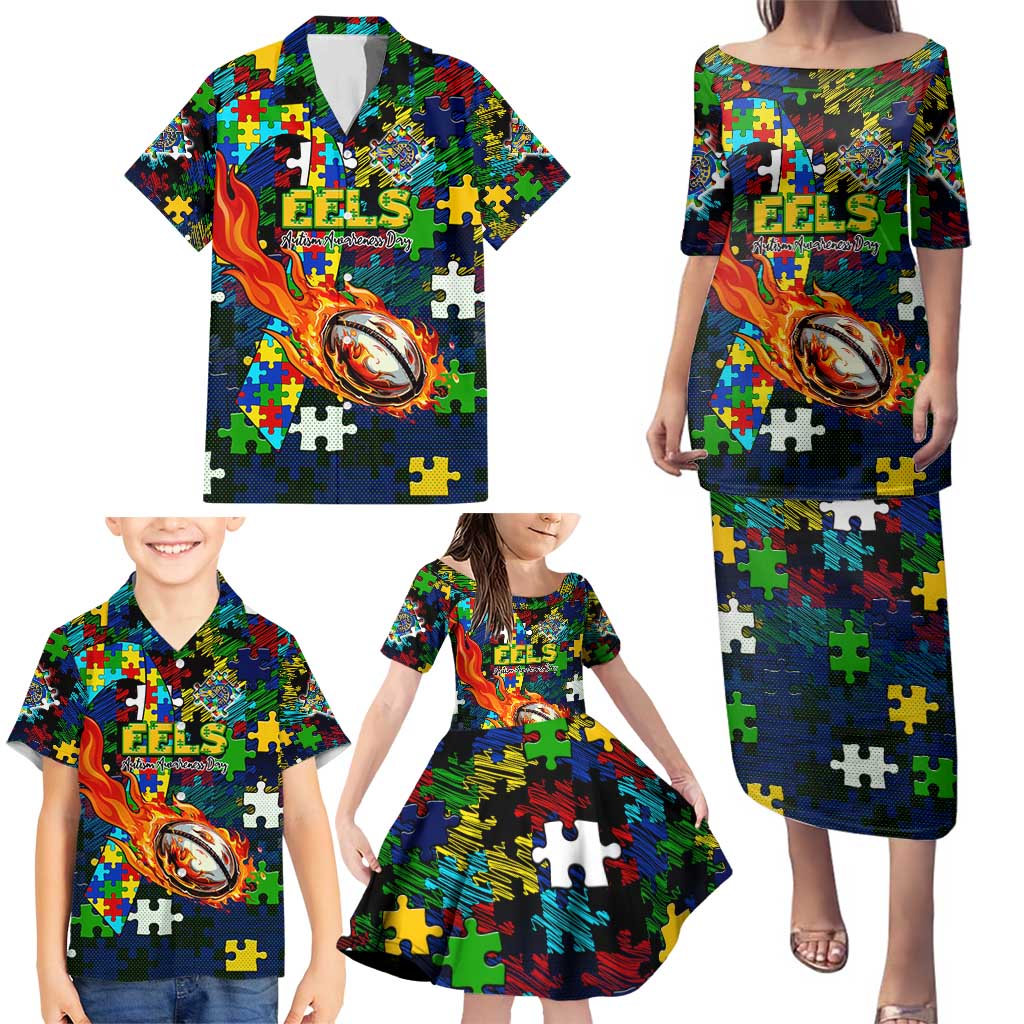 Eels Autism Awareness Family Matching Puletasi and Hawaiian Shirt Puzzle Flames Rugby Ball