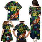 Eels Autism Awareness Family Matching Puletasi and Hawaiian Shirt Puzzle Flames Rugby Ball