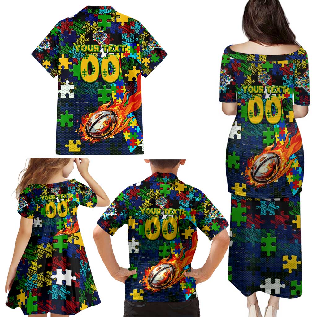 Eels Autism Awareness Family Matching Puletasi and Hawaiian Shirt Puzzle Flames Rugby Ball