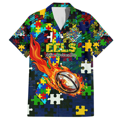Eels Autism Awareness Family Matching Puletasi and Hawaiian Shirt Puzzle Flames Rugby Ball
