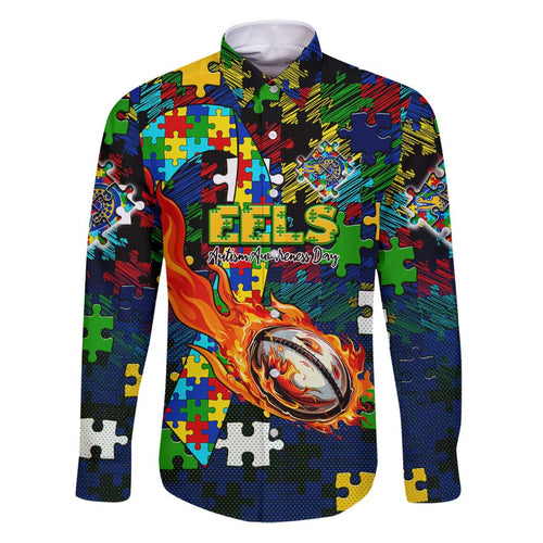 Eels Autism Awareness Family Matching Puletasi and Hawaiian Shirt Puzzle Flames Rugby Ball